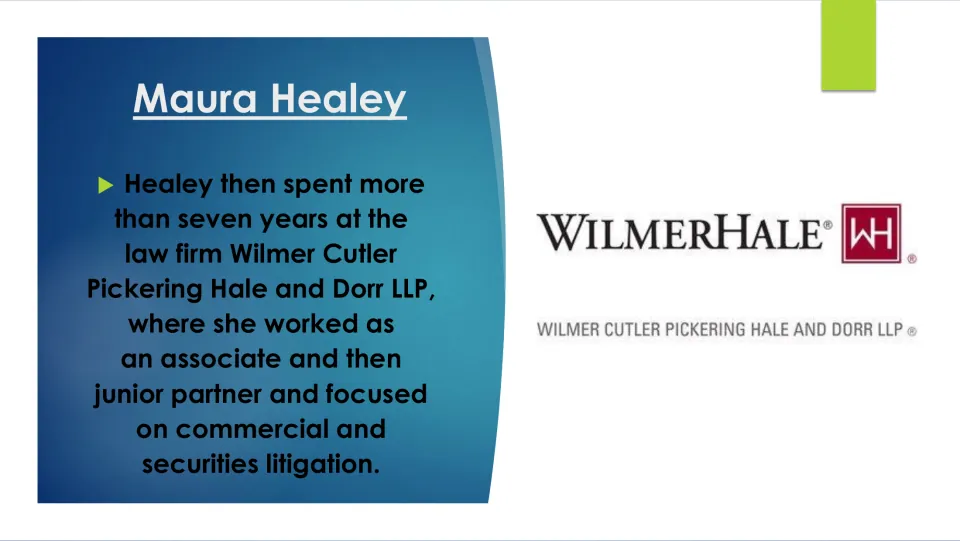 Law firm career slide covering Healey’s work as an associate and junior partner in commercial and securities litigation