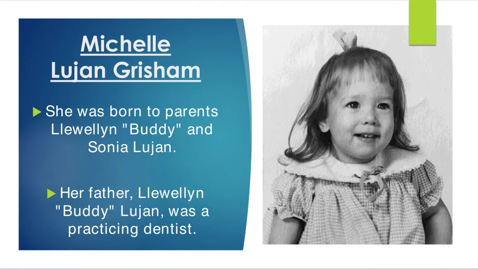 Biography slide naming her parents, Llewellyn “Buddy” and Sonia Lujan, and noting her father was a dentist