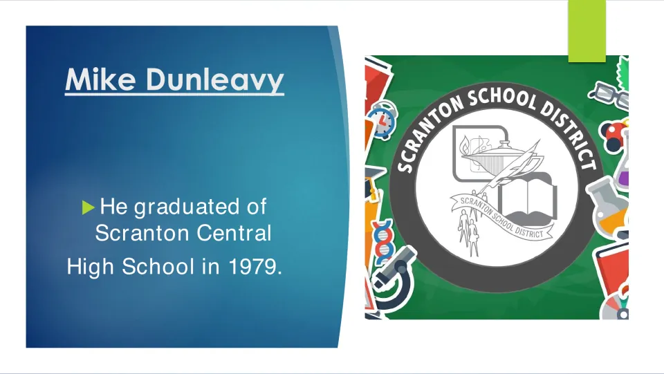 Biography slide 4 states that Mike Dunleavy graduated from Scranton Central High School in 1979