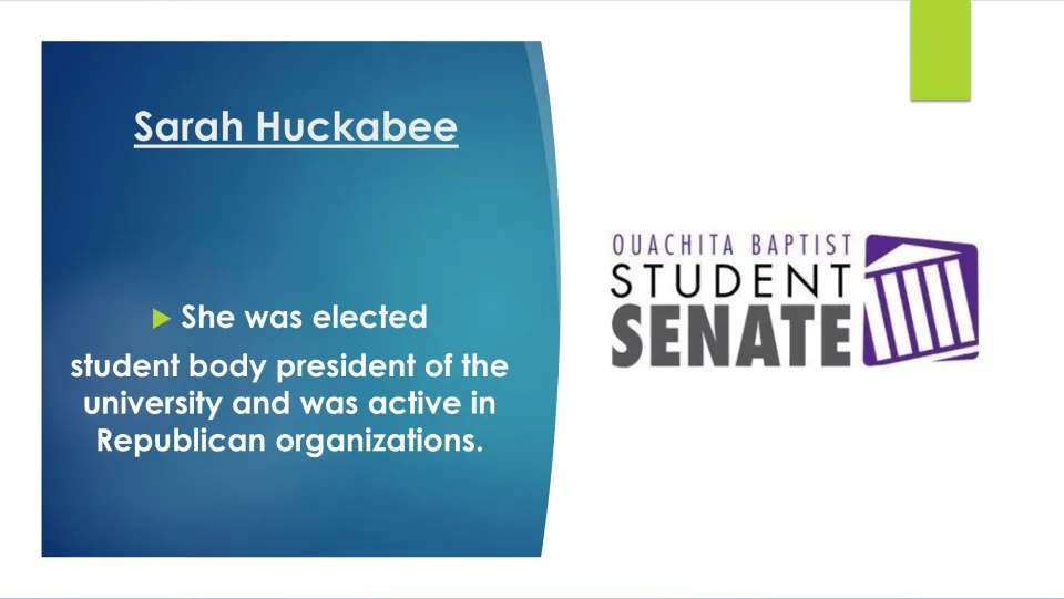 Biography slide describing her election as university student body president and Republican involvement