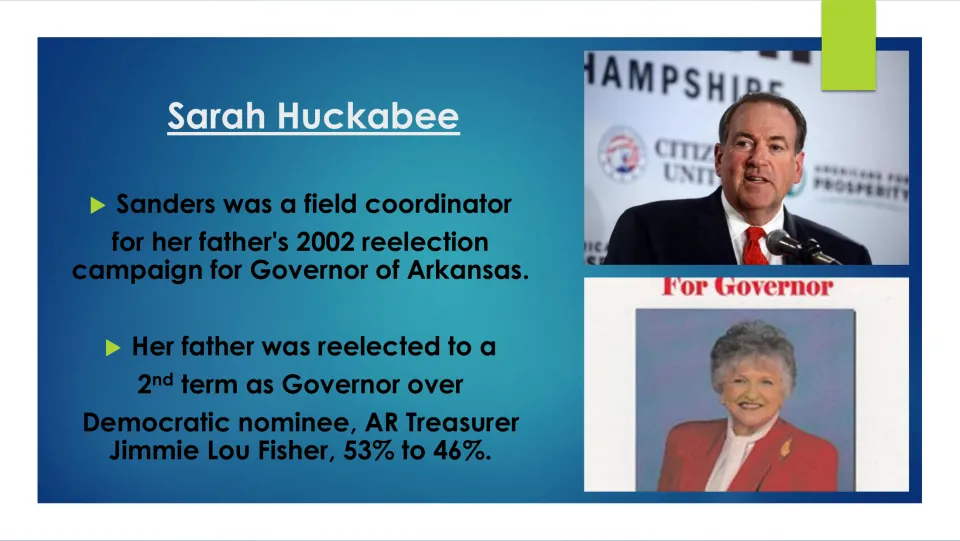 Biography slide about her field coordinator role in Mike Huckabee's 2002 Arkansas reelection campaign