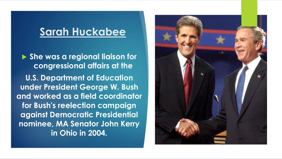 Biography slide covering her U.S. Department of Education role and work on Bush's 2004 campaign in Ohio