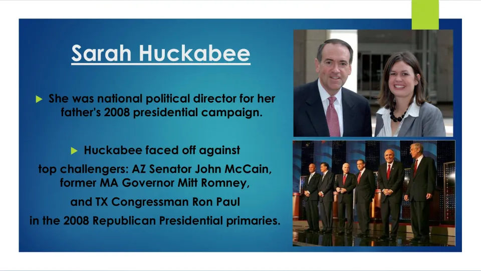 Biography slide describing her national political director role in her father's 2008 presidential campaign