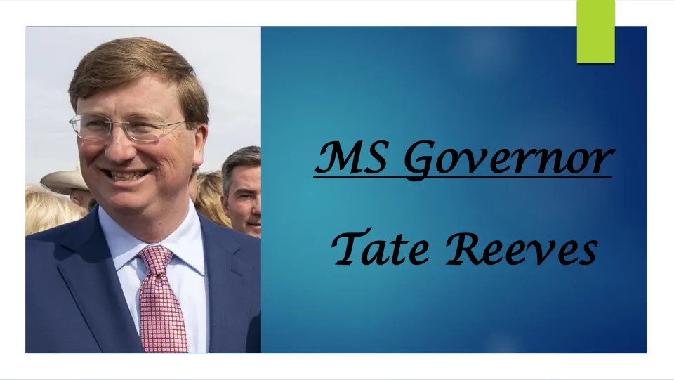 Biography presentation cover featuring Tate Reeves’s portrait and the heading “MS Governor Tate Reeves.”