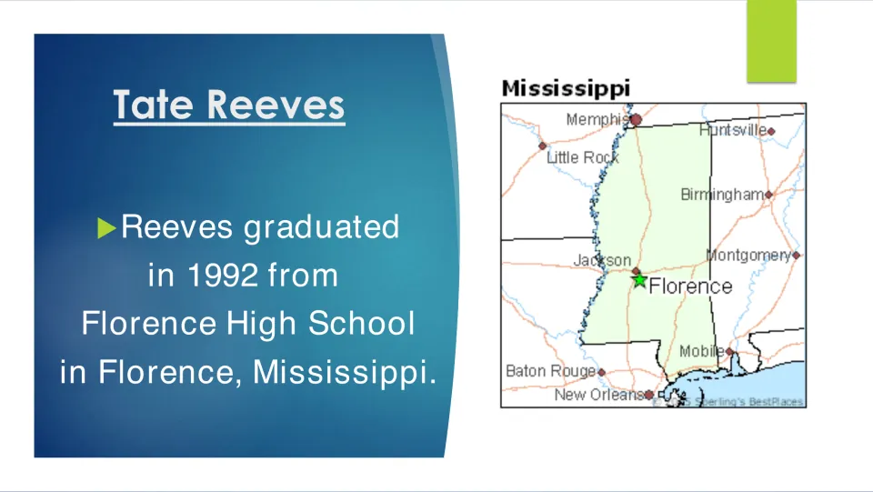 Education slide stating that Tate Reeves graduated from Florence High School in Mississippi in 1992.