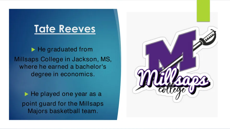 College biography slide covering Tate Reeves’s economics degree and one year playing basketball at Millsaps.