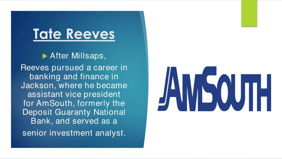 Early career slide describing Tate Reeves’s work at AmSouth as assistant vice president and investment analyst.
