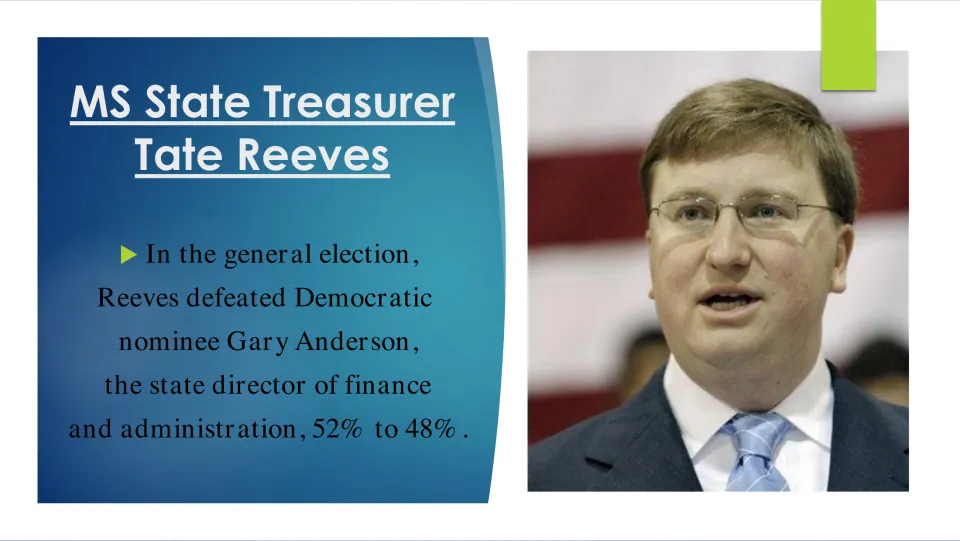 State treasurer election slide reporting Tate Reeves’s general election win over Gary Anderson, 52% to 48%.