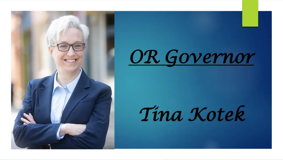 Biography presentation cover introducing Oregon Governor Tina Kotek, with her name, title, and portrait