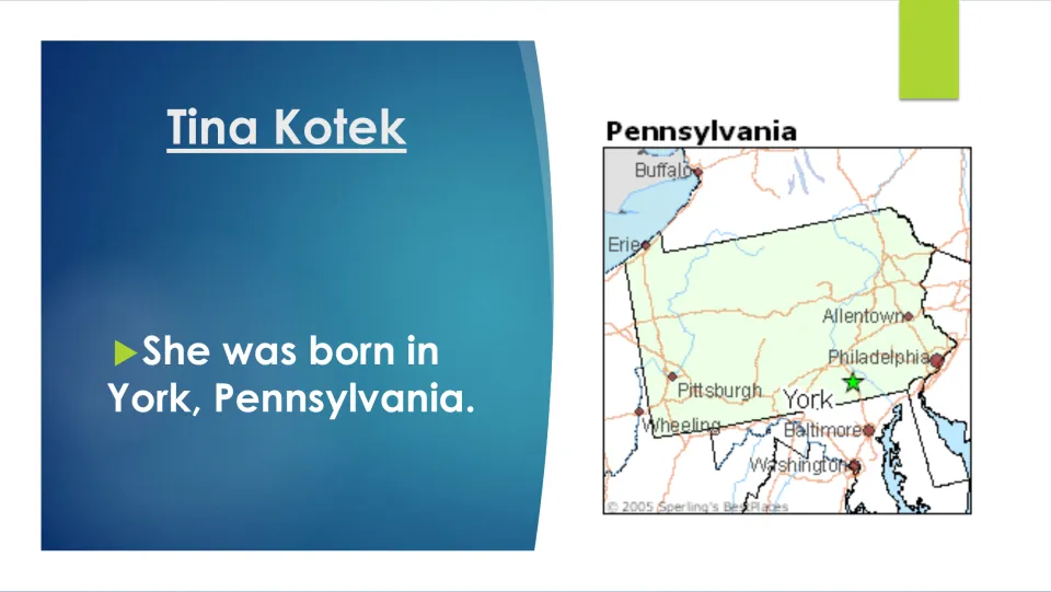 Biography slide stating that Tina Kotek was born in York, Pennsylvania, with a map locating her hometown