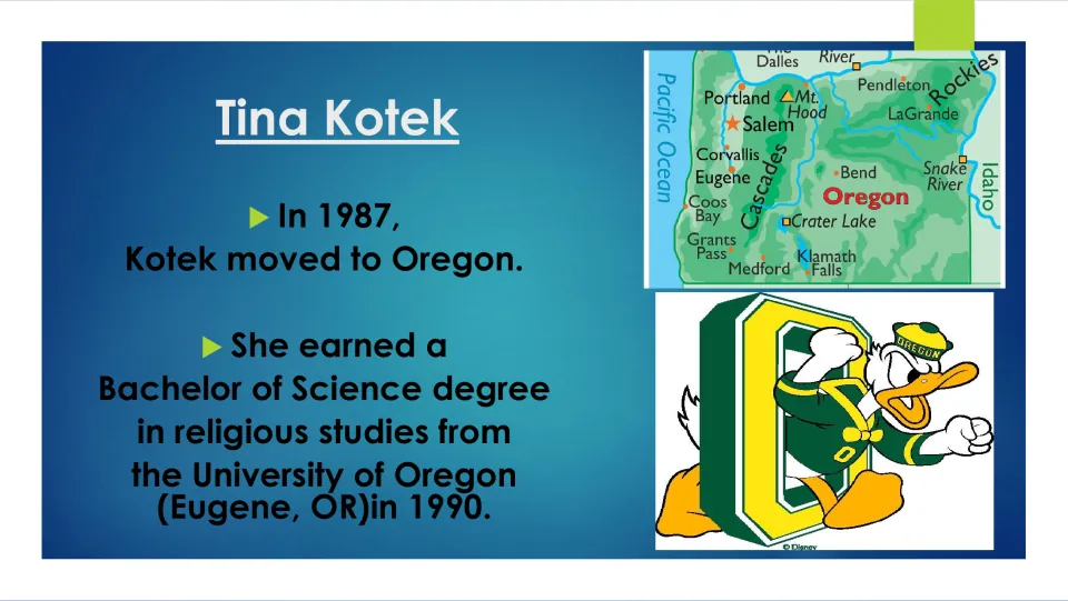 Biography slide covering Kotek's 1987 move to Oregon and her 1990 religious studies degree from UO