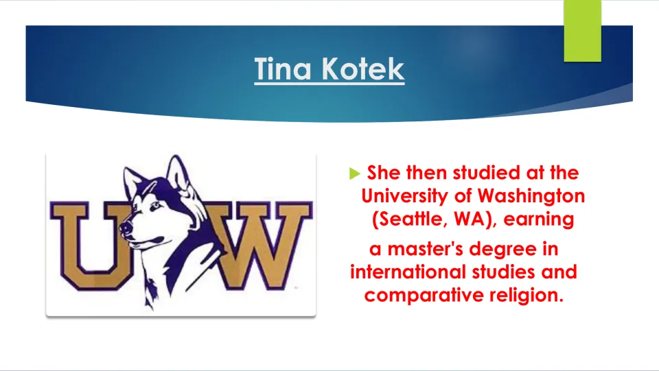 Biography slide on Kotek's University of Washington master's degree in international studies and comparative religion