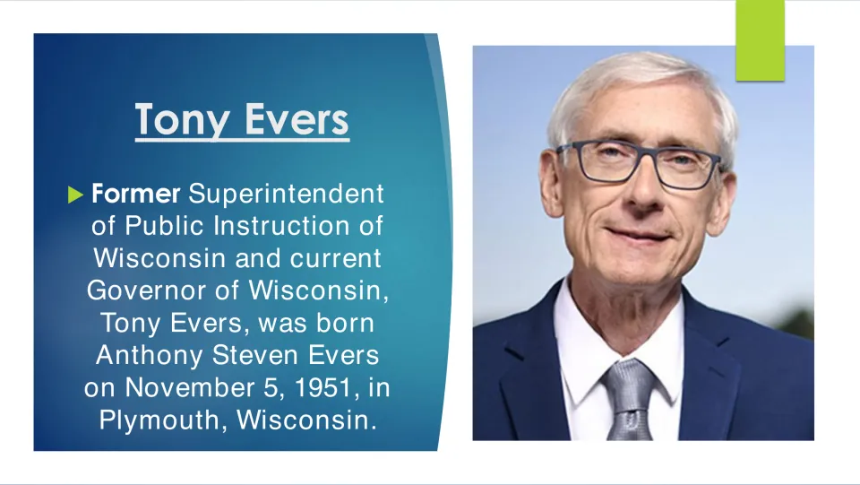 Early life slide: Tony Evers, born Anthony Steven Evers on November 5, 1951, in Plymouth, Wisconsin, with his portrait