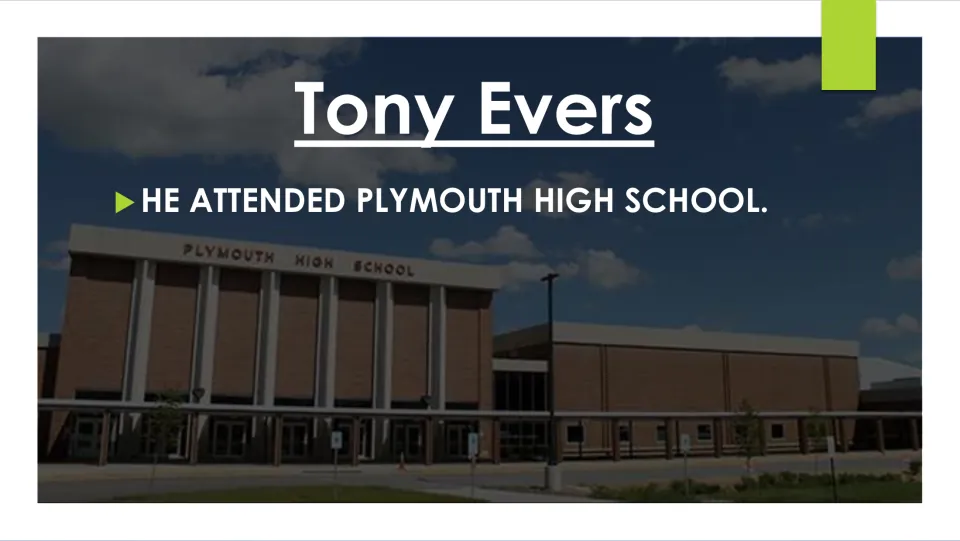 Schooling slide: Tony Evers attended Plymouth High School, shown over a photo of the brick school building and its sign