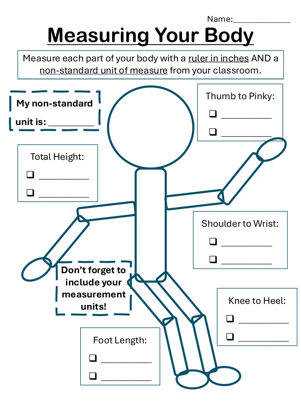 Body measurement in inches: students record height, foot length, thumb to pinky, shoulder to wrist, knee to heel in 2 units
