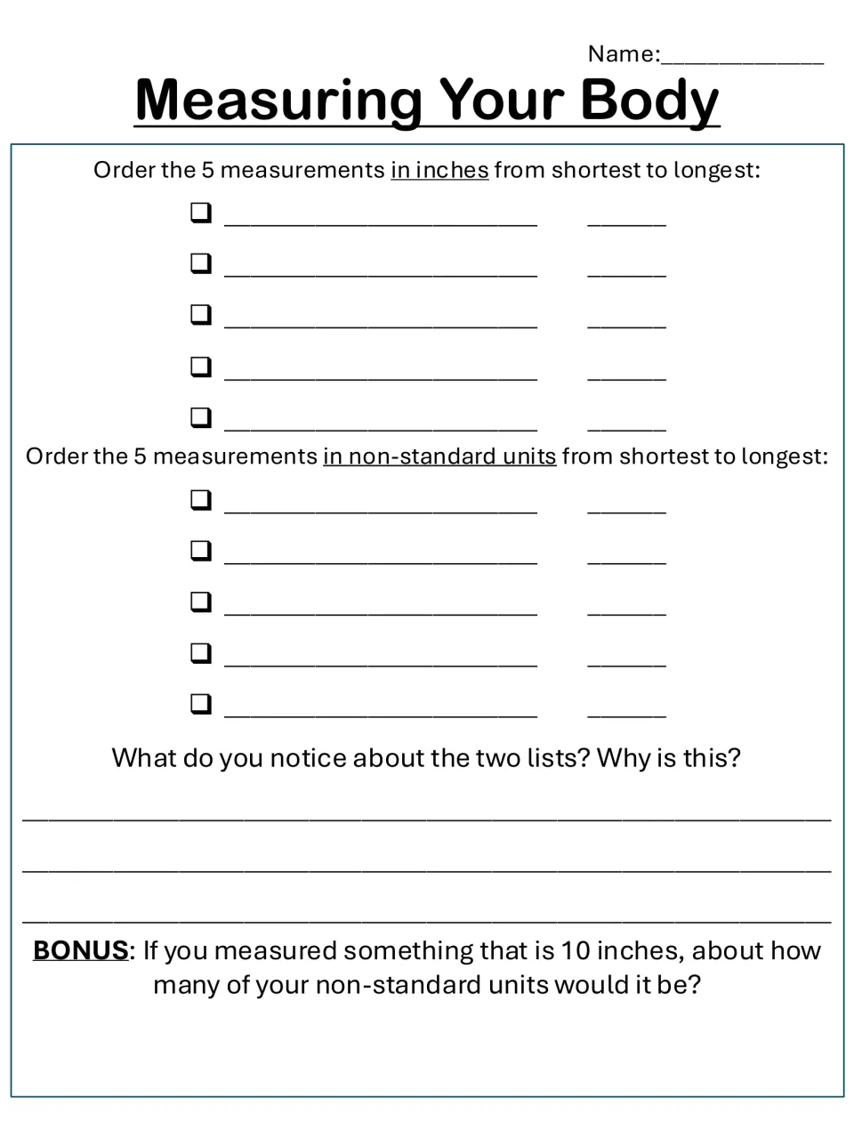 Ordering lengths in inches: students rank 5 body measurements shortest to longest in inches and non-standard units