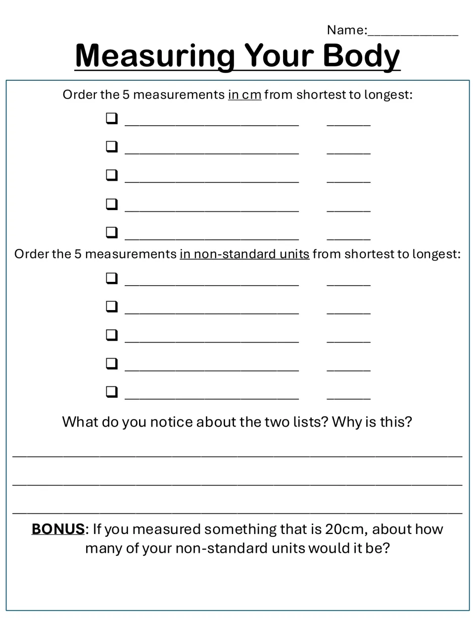 Ordering lengths in cm: students rank 5 body measurements shortest to longest in cm and non-standard units, plus a bonus