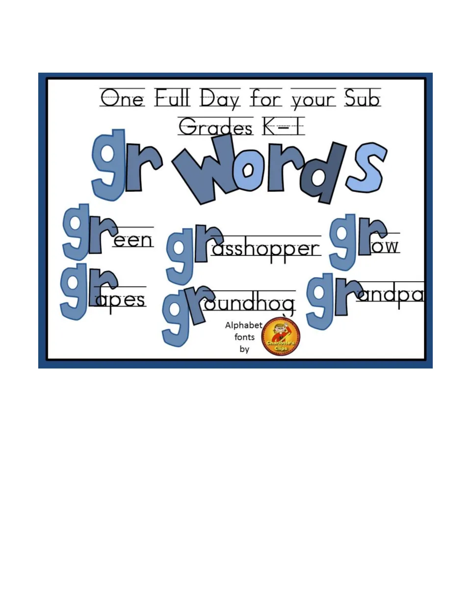 Cover of the GR words substitute packet for grades K–1, featuring green, grapes, grasshopper, and groundhog