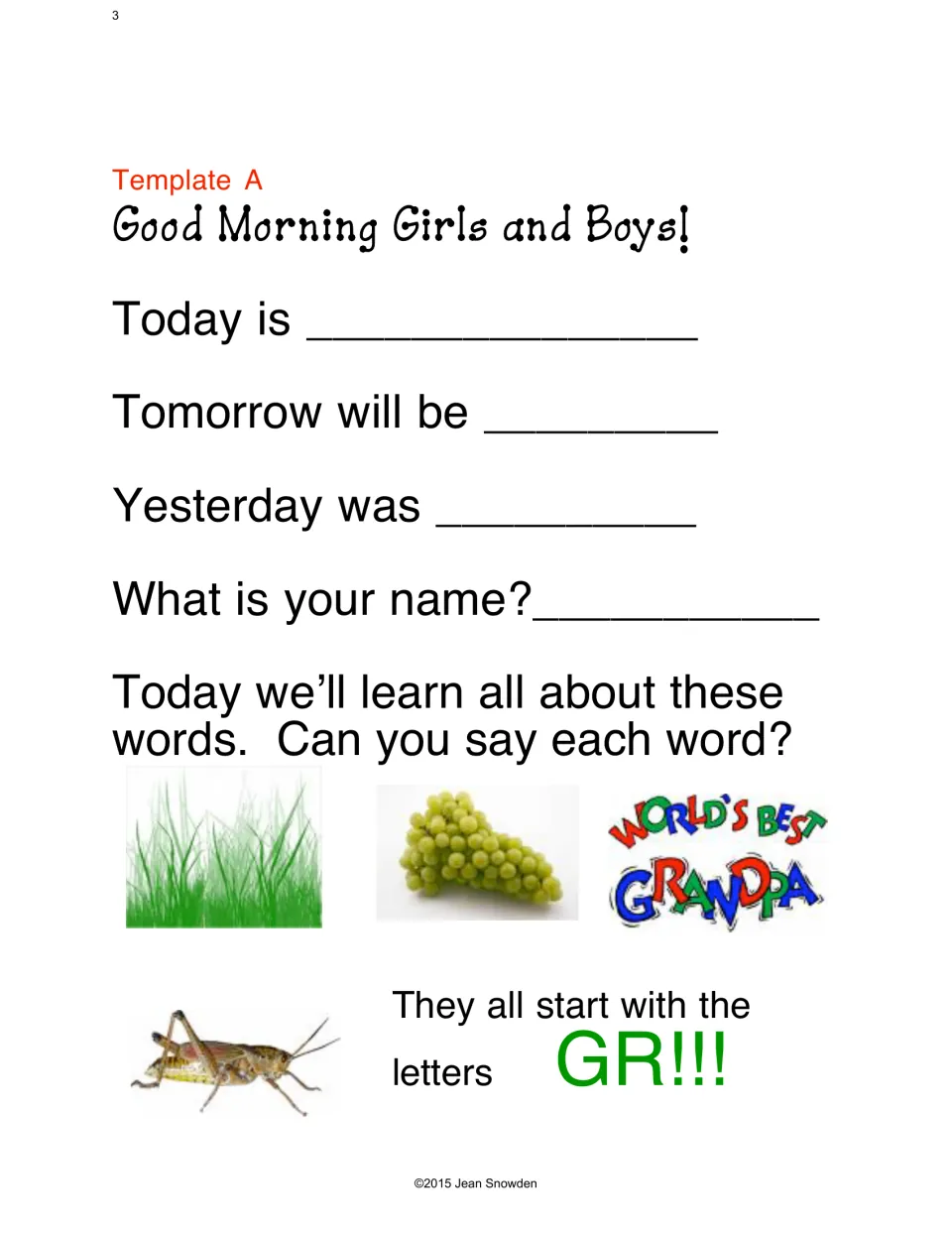 Morning message template asks for days and names, then introduces grass, grapes, grandpa, and grasshopper