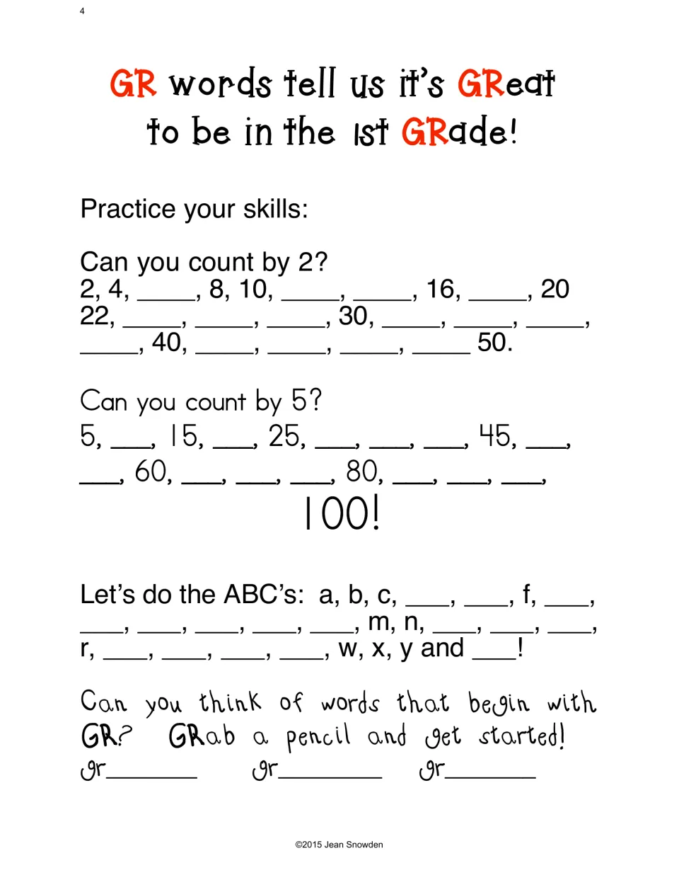 Morning skills practice asks students to count by 2 and 5, complete the alphabet, and write GR words
