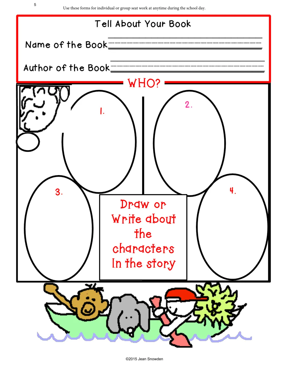 Fiction reading response asks for the book title and author, plus drawings or writing about story characters