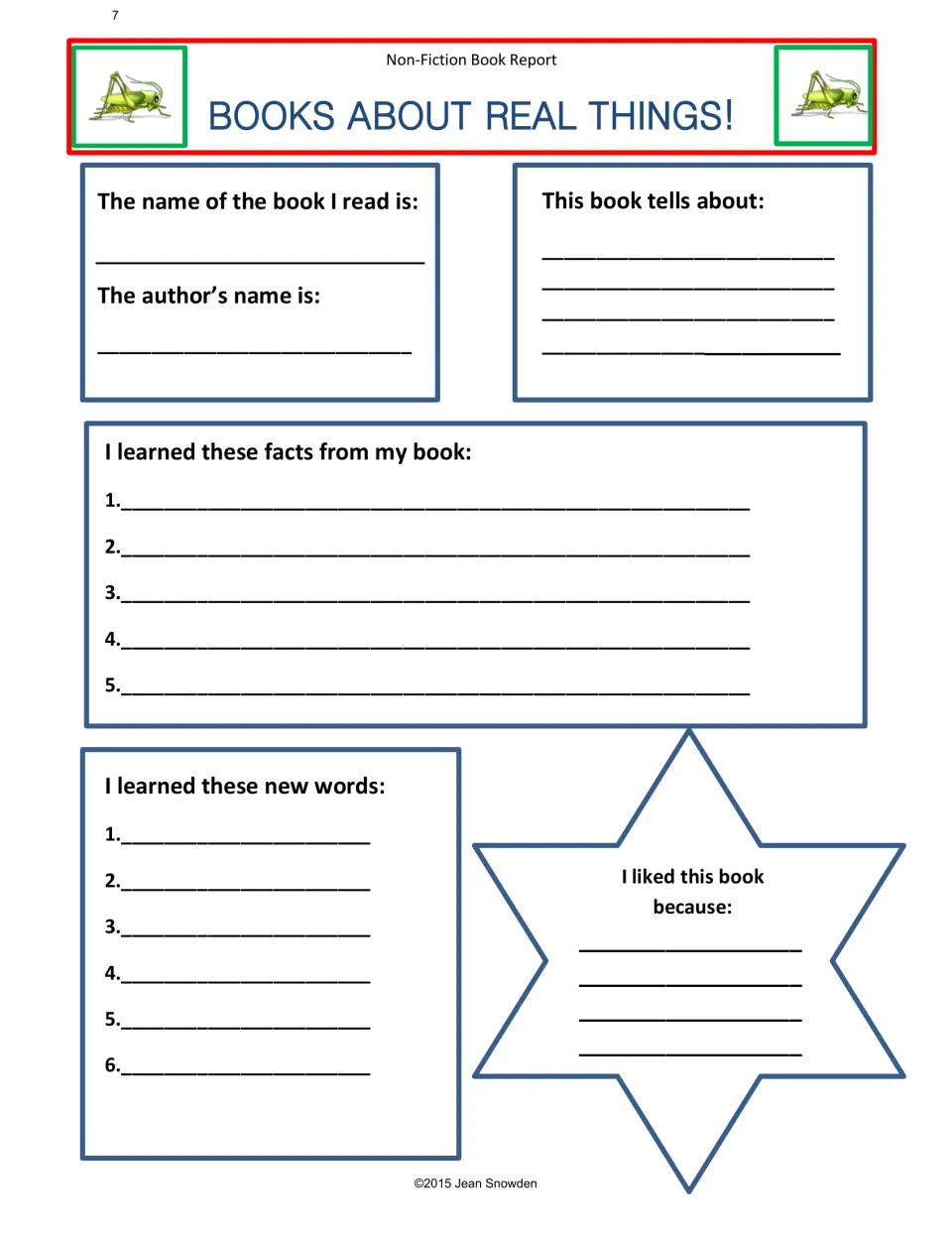 Nonfiction book report asks for title, author, topic, five facts, six new words, and reasons for liking it
