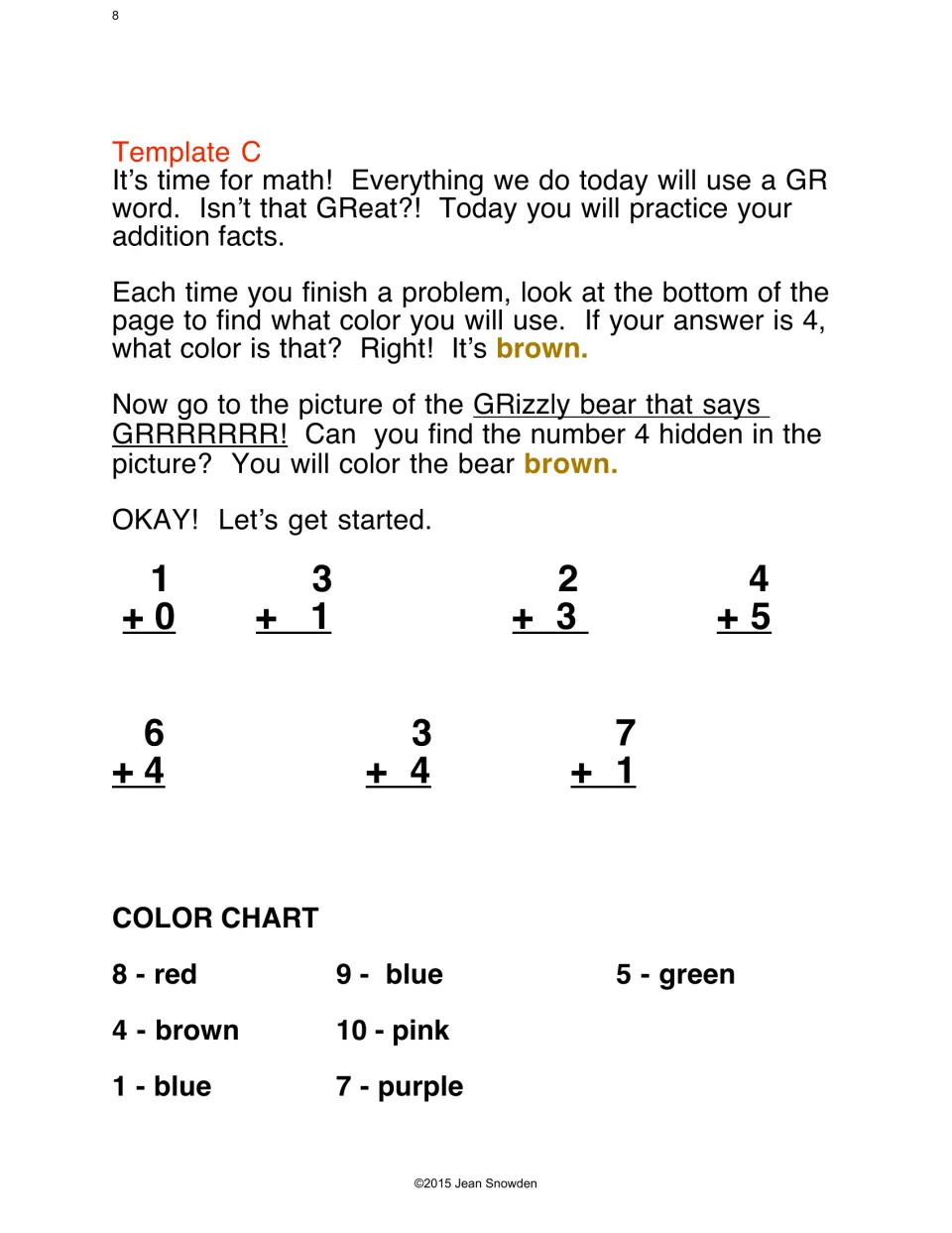 Template C math activity gives seven addition problems and a color chart for the grizzly bear coloring page