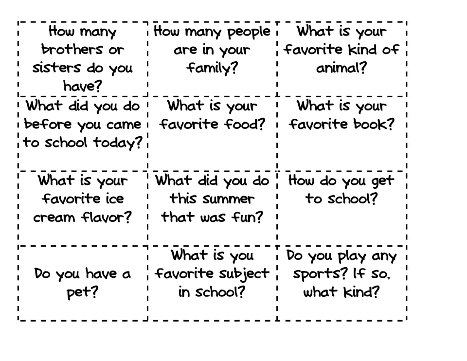 Icebreaker cards 1–12 ask about siblings, family size, favorite animals, food, books, pets, and school.