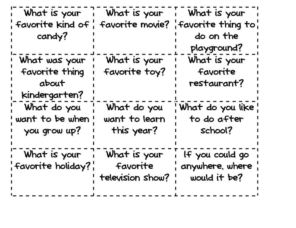 Icebreaker cards 13–24 ask about favorite candy, movies, toys, holidays, future jobs, and travel wishes.