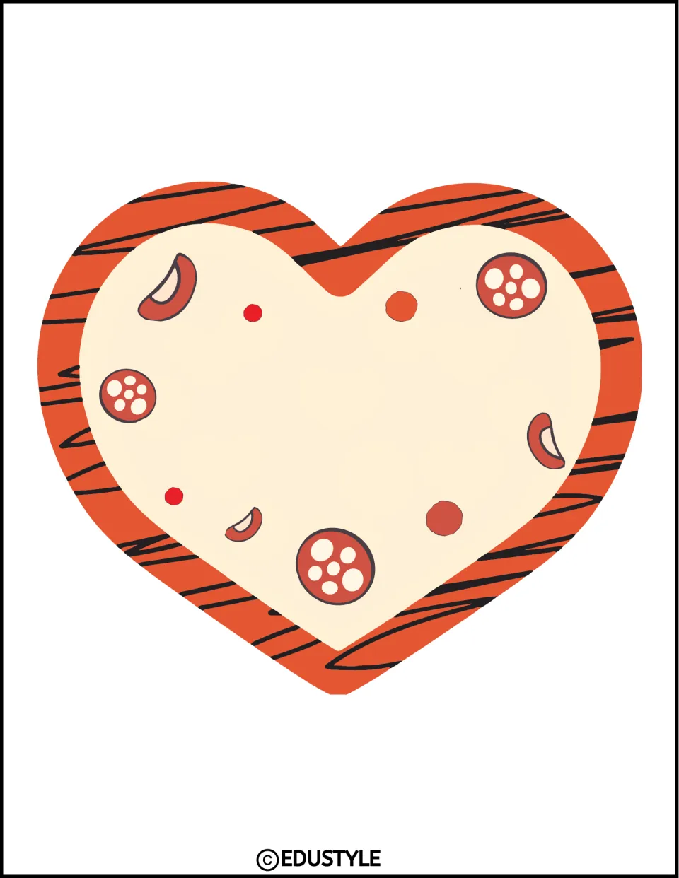 Single heart-shaped pizza with an orange-red crust and black stripes, for student names in the decor kit