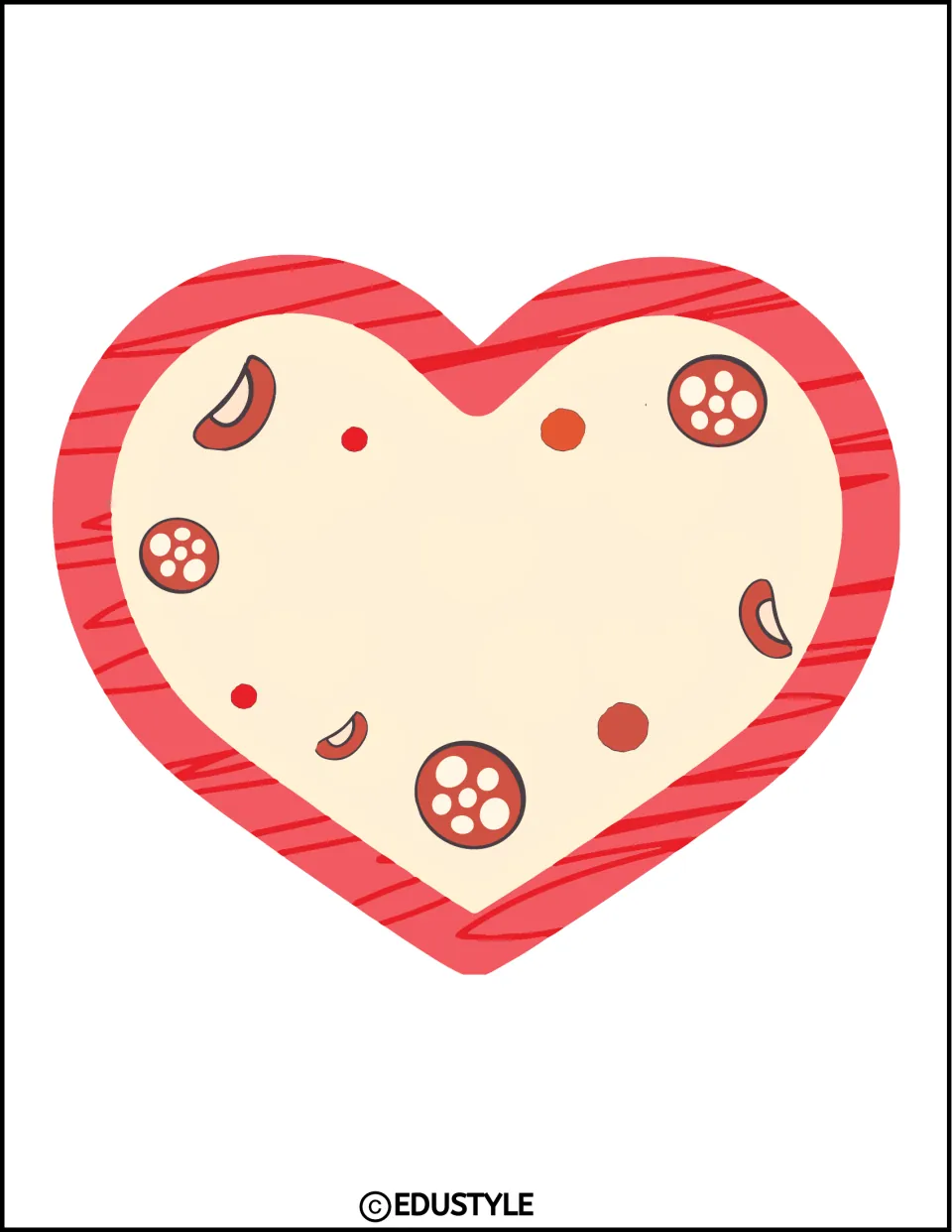 Single heart-shaped pizza with a pink crust and red stripes, for student names in the Valentine's decor kit