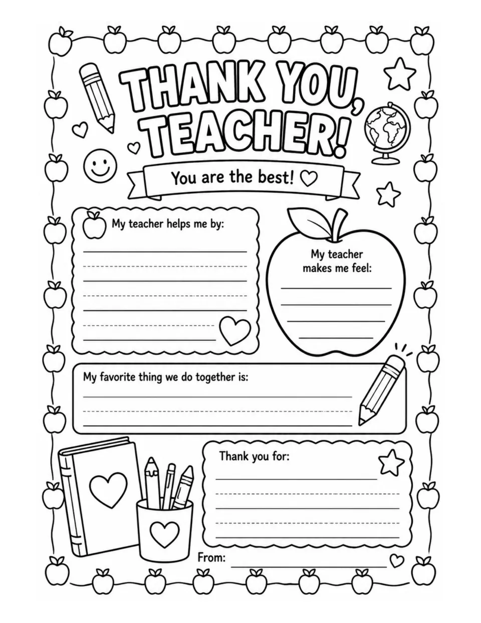 Thank You, Teacher! note: students write how their teacher helps them, makes them feel and what they are thankful for