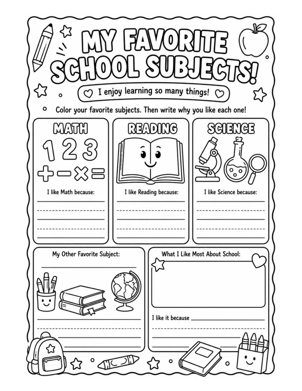 My Favorite School Subjects: students color math, reading and science, write why they like each, and add another subject