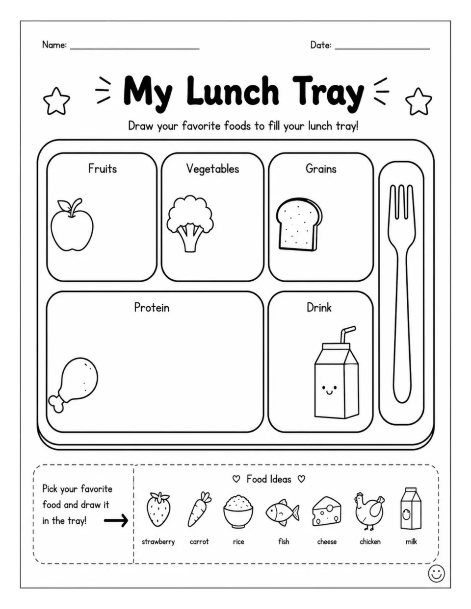 My Lunch Tray: students draw favorite foods in fruit, vegetable, grain, protein and drink sections using food ideas