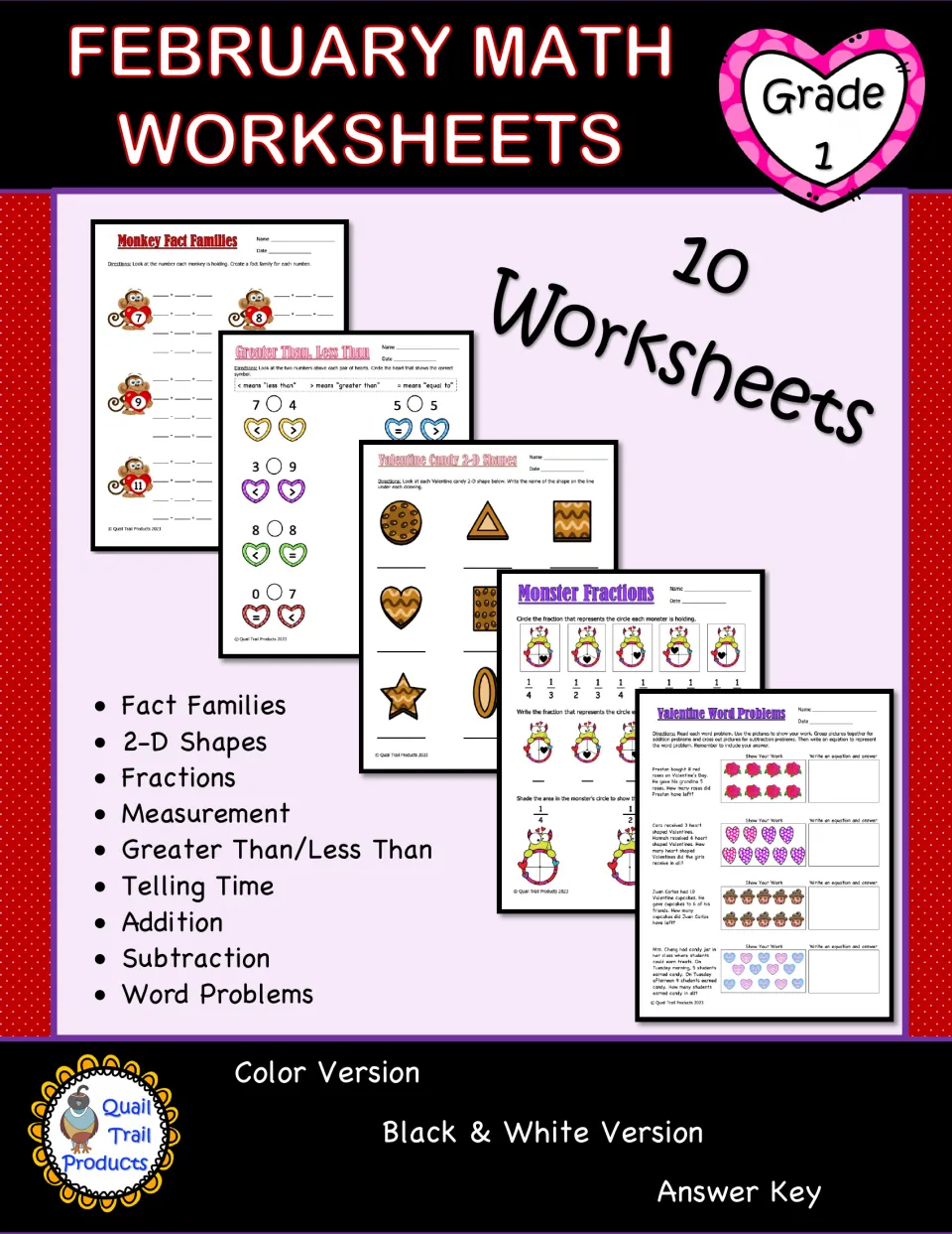 February Math Worksheets cover: 10 pages on fact families, shapes, fractions, time, measurement and word problems