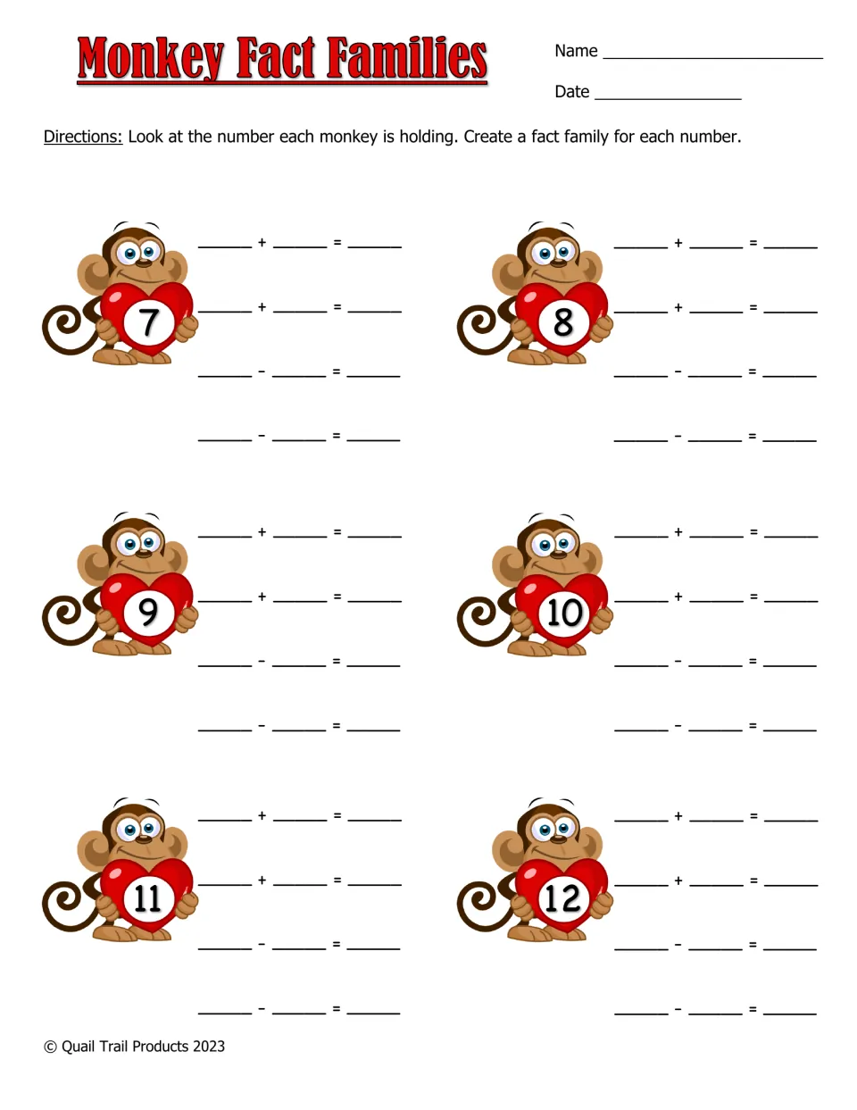 Monkey Fact Families: students write two addition and two subtraction facts for each number 7 to 12 held by a monkey