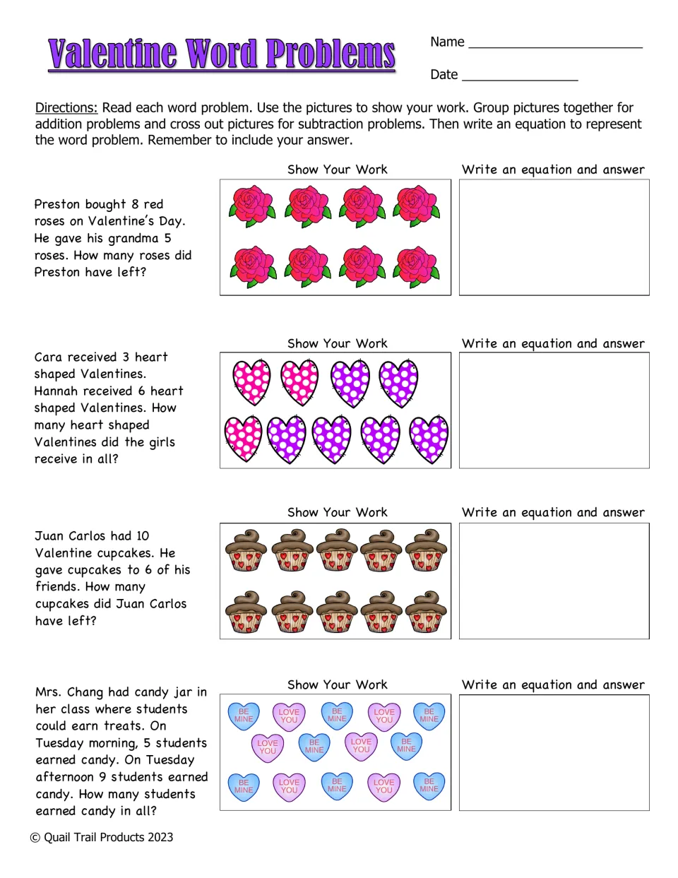 Valentine Word Problems: students group or cross out pictures, then write an equation and answer for 4 stories