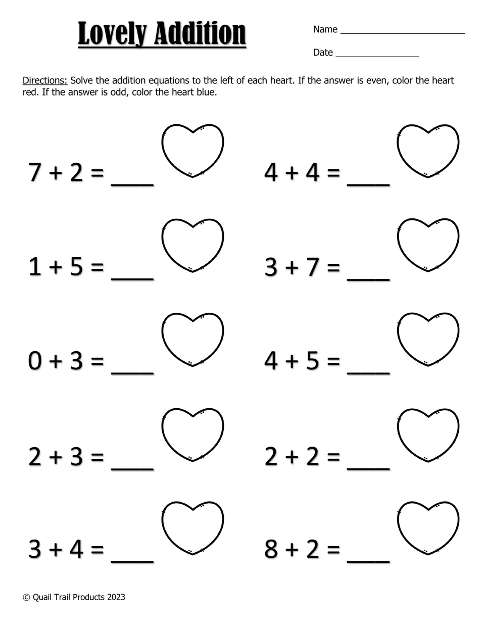 Lovely Addition: students solve 10 sums and color each heart red if the answer is even or blue if it is odd