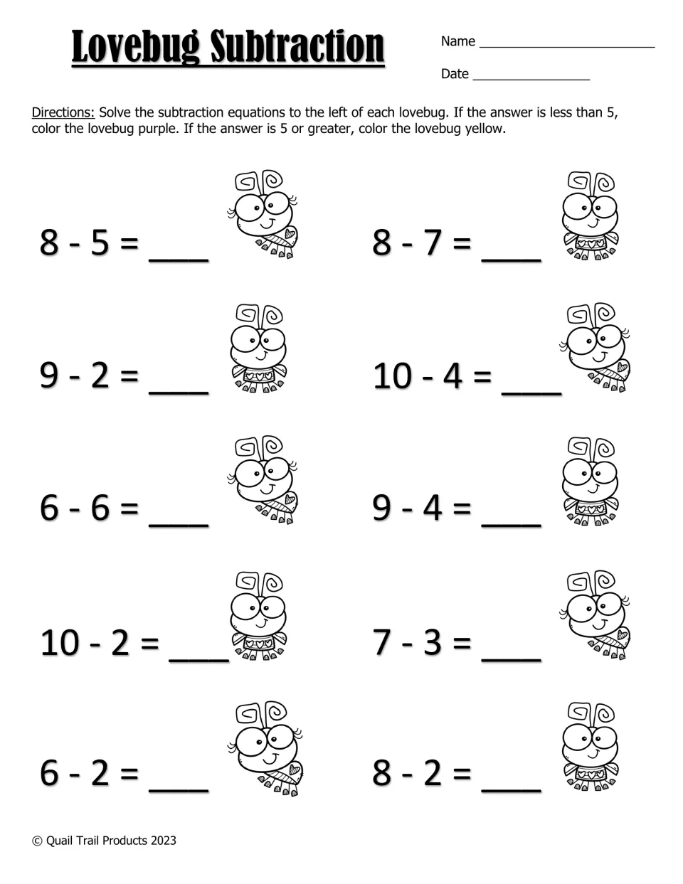 Lovebug Subtraction: students solve 10 facts and color each lovebug purple if under 5 or yellow if 5 or more