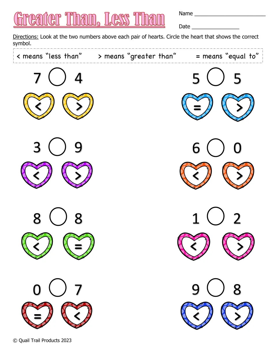 Greater Than, Less Than: students compare 8 number pairs and circle the heart showing the correct <, > or = sign