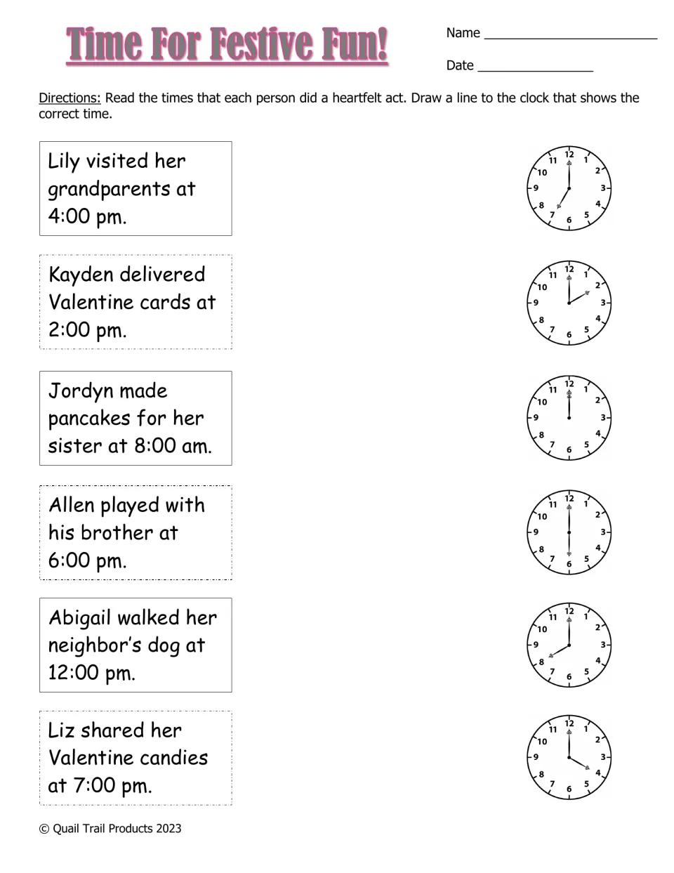 Time For Festive Fun!: students match six kind acts timed to the hour, like 4:00 pm, to the correct analog clock