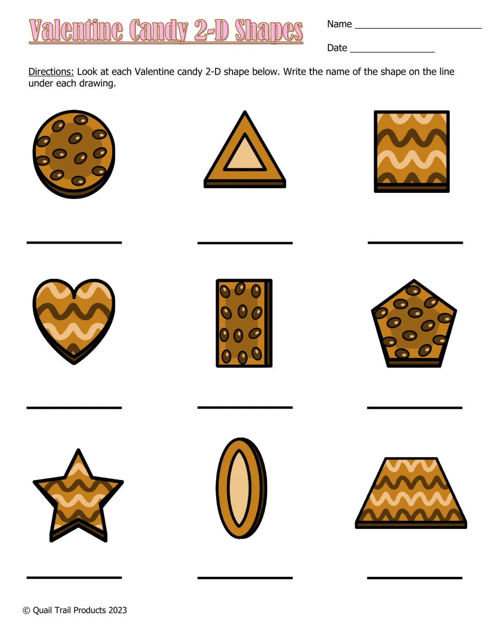 Valentine Candy 2-D Shapes: students name nine candy shapes such as circle, triangle, heart, pentagon and star