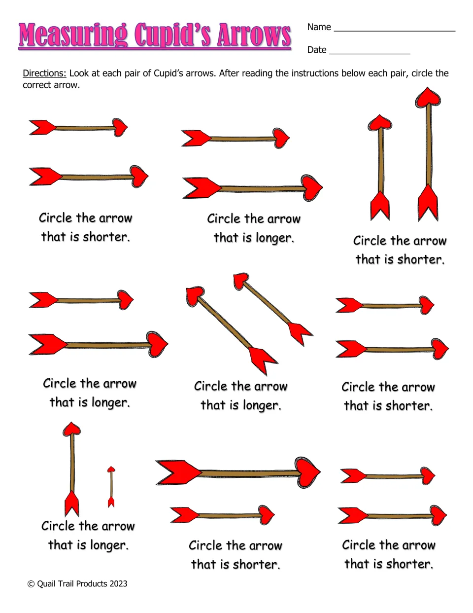 Measuring Cupid's Arrows: students compare nine pairs of arrows and circle the longer or shorter one as directed