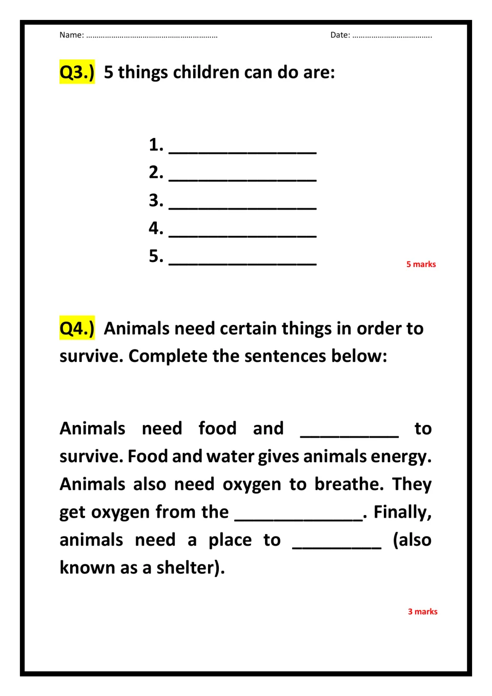 Children and animal needs: students list 5 things children can do, then fill blanks on water, air and shelter