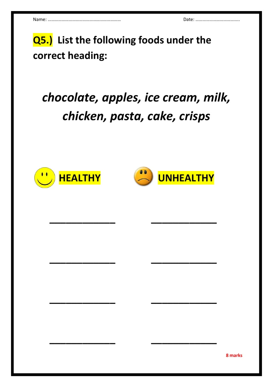 Healthy vs unhealthy food: students sort chocolate, apples, ice cream, milk, chicken, pasta, cake and crisps