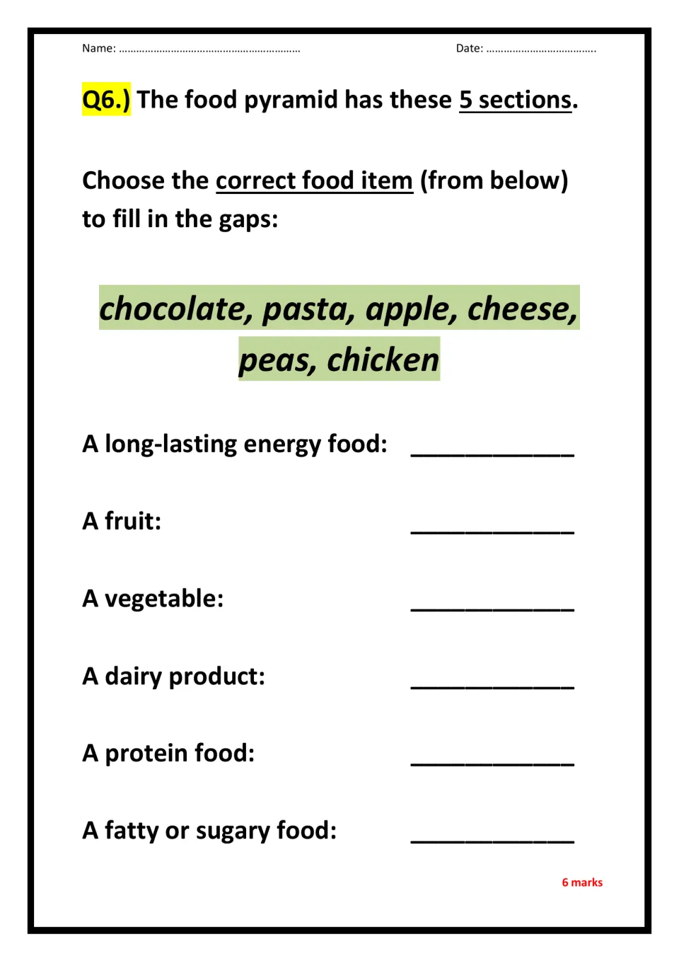 Food groups: students match chocolate, pasta, apple, cheese, peas and chicken to six food pyramid sections