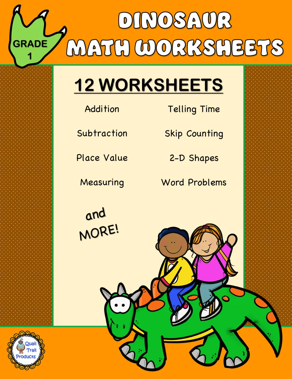 Dinosaur Math Worksheets cover, Grade 1: 12 worksheets on addition, subtraction, place value, time, shapes and more