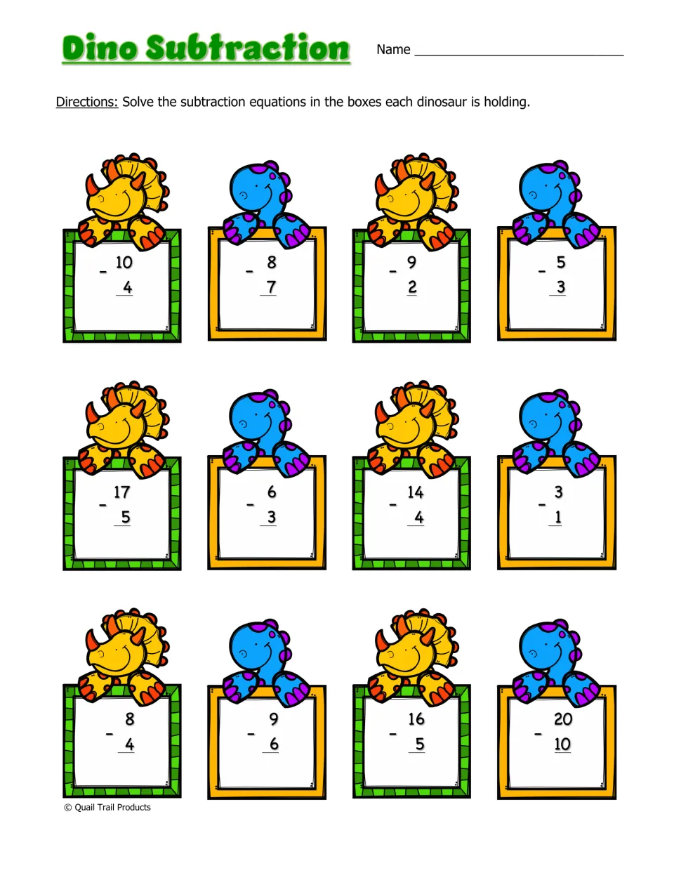 Dino Subtraction: students solve 12 subtraction equations written in the boxes held by yellow and blue dinosaurs