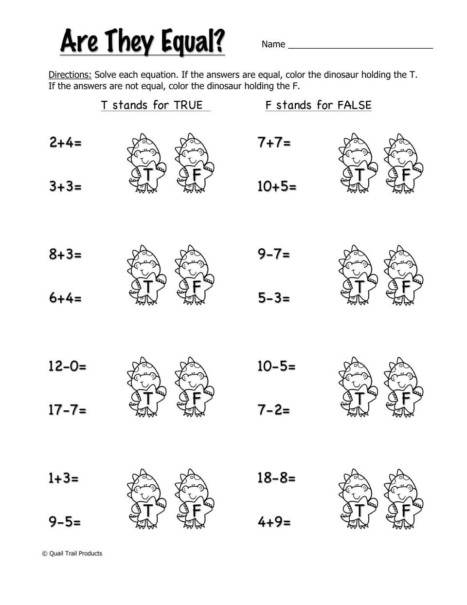 Are They Equal? Students solve equation pairs and color the T or F dinosaur to show if the answers are equal