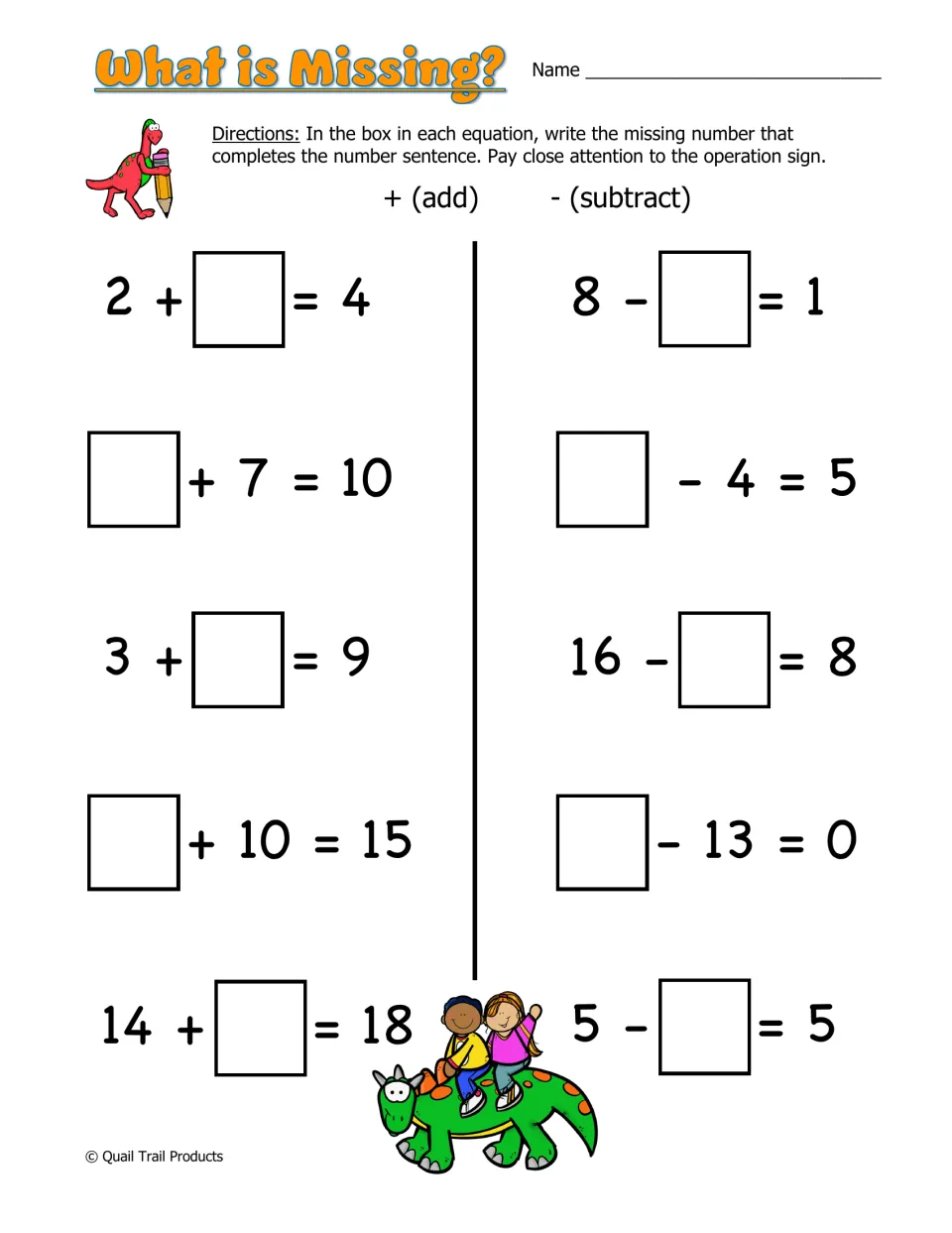 What is Missing? Students write the missing number in the box to complete 10 addition and subtraction number sentences